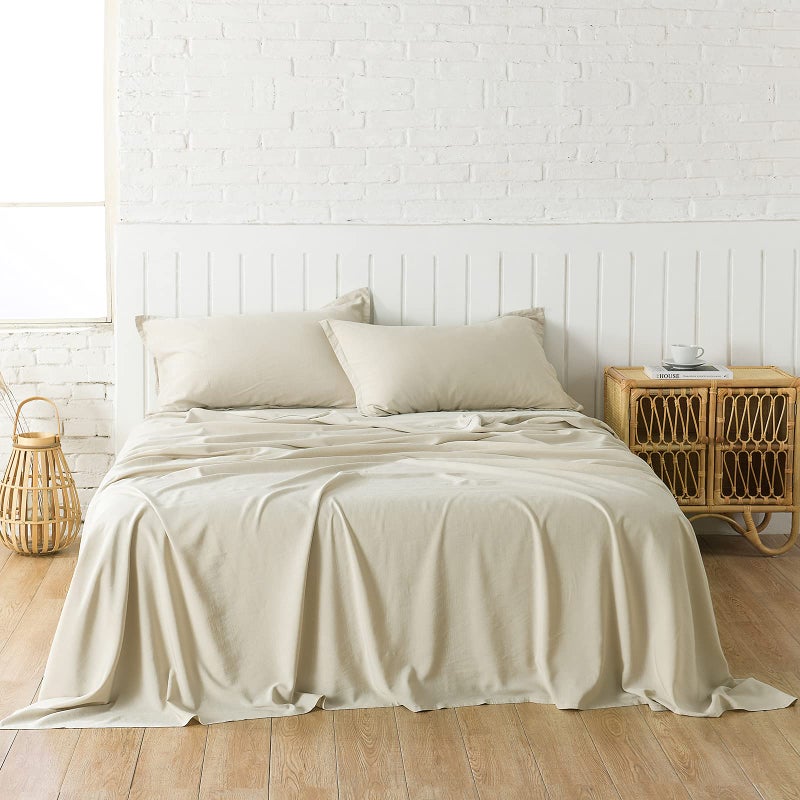 PANDATEX Beige Linen-Textured Bed Sheets Set, Bamboo Rayon, Cotton, Linen Blend Bed Sheets King Size, Soft Cool & Breathable for Hot Sleepers,Durable Natural Organic Bed 15'' Deep Pocket - 4 Piece - Image 2
